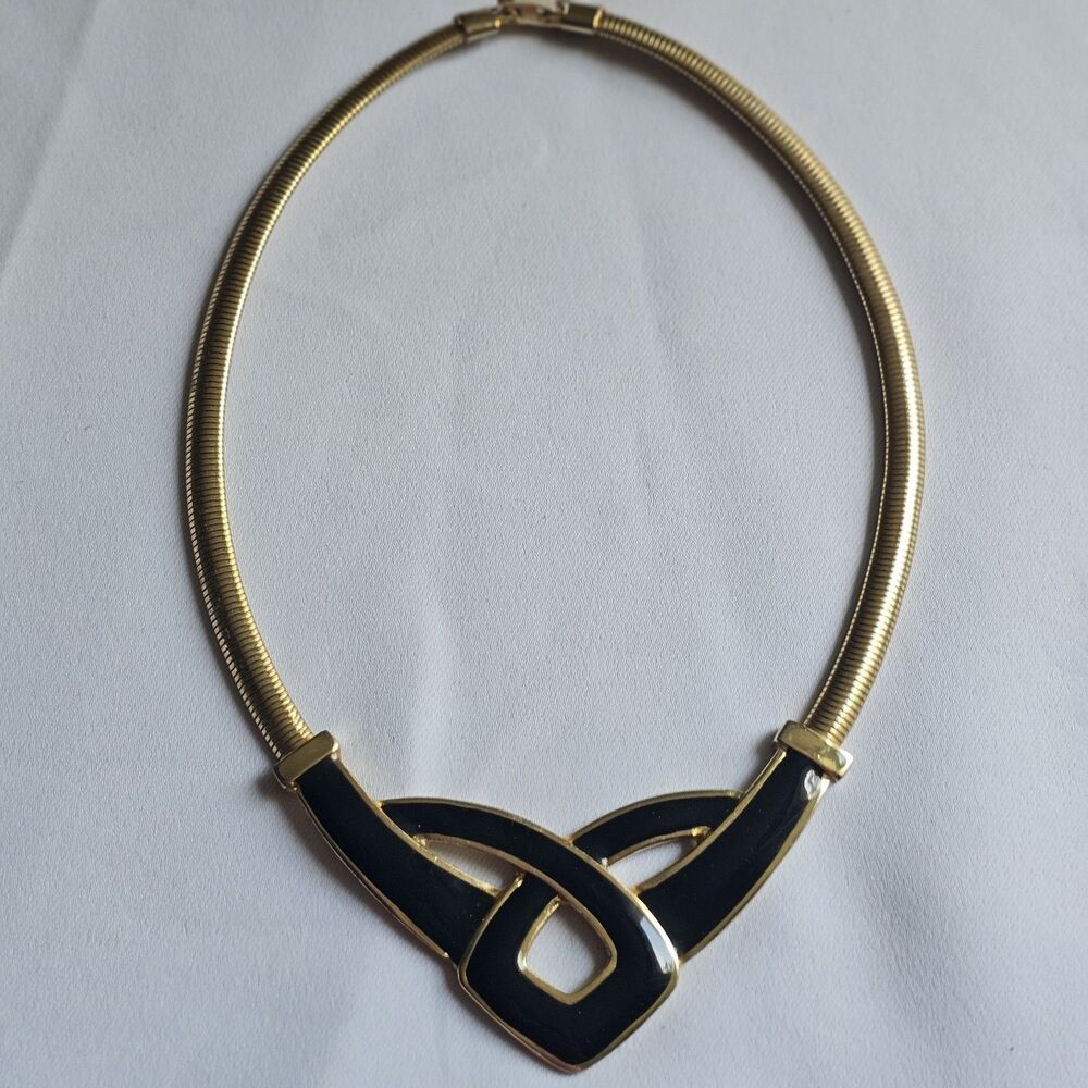 Art Deco Revival Gold Toned Black Enamel Necklace